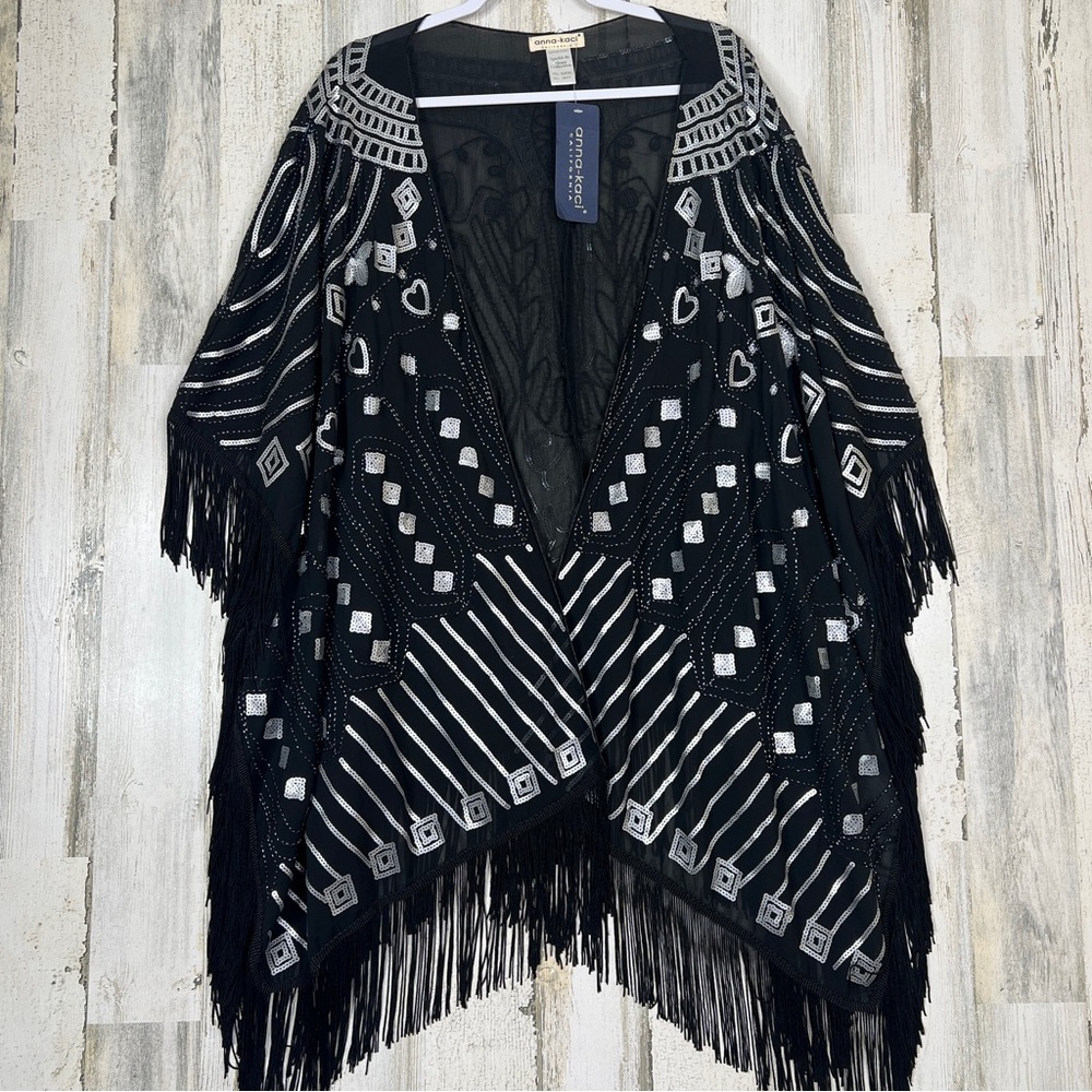 Anna-Kaci‎ Sequin Fringe Wrap Party Cape Embellished Statement Layer O/S